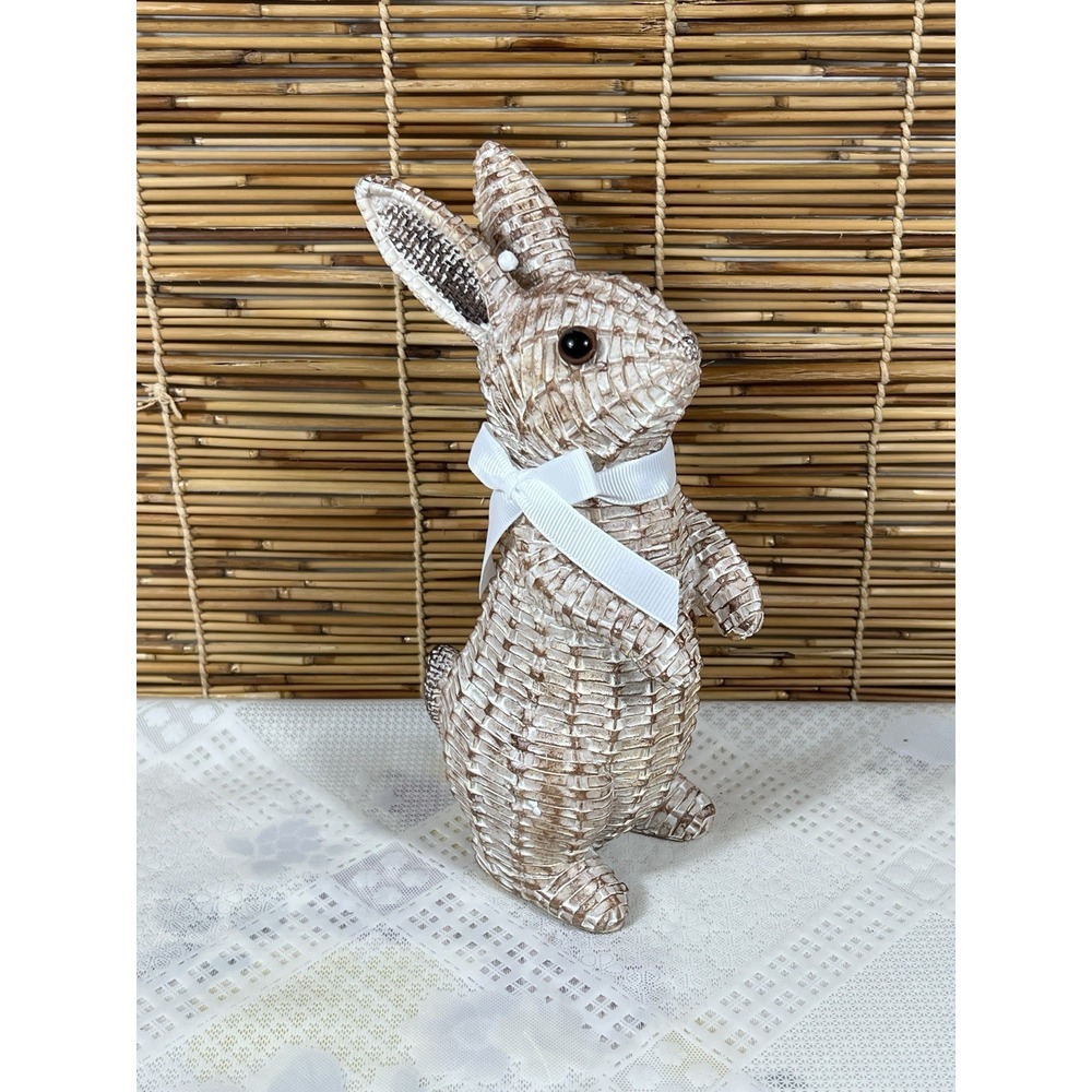 Rattan‎ Rabbit Woven Rabbit Bow Resin Ornaments for Home 8.1in Brown Station